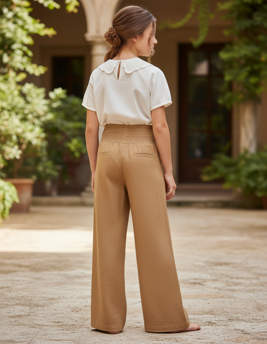 Pantalon En Lin Ample Plissé Confortable Fille Beige - Camel - vue 2