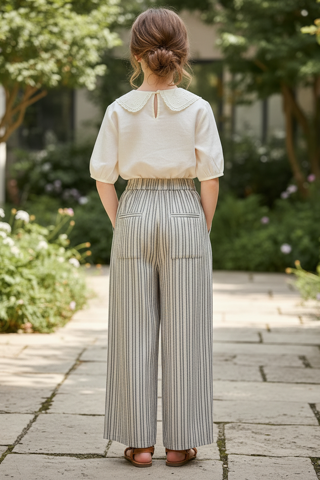 Pantalon En Lin Rayé Ample Taille Haute Fille - Imprimé - vue 2