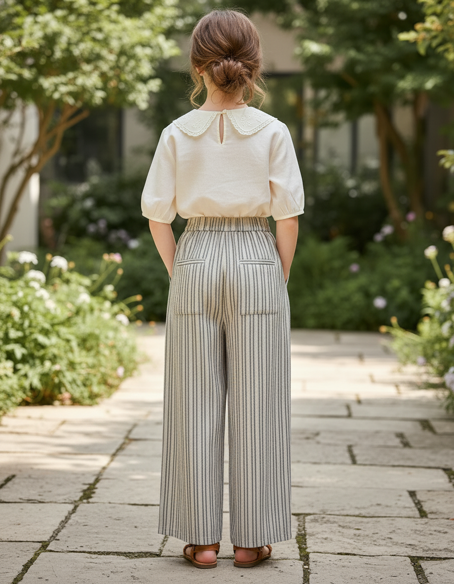 Pantalon En Lin Rayé Ample Taille Haute Fille - Imprimé - vue 2