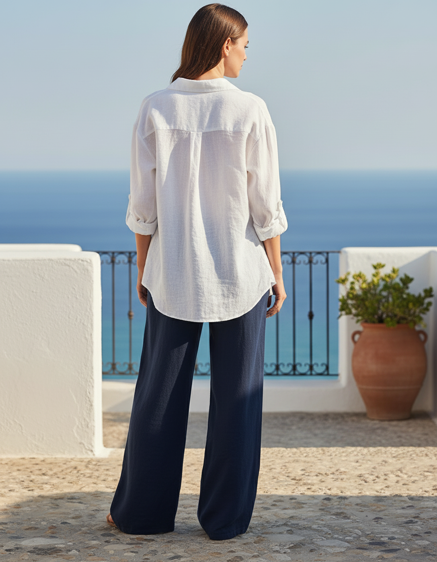 Pantalon Lin Taille Elastique Femme - Marine - vue 2