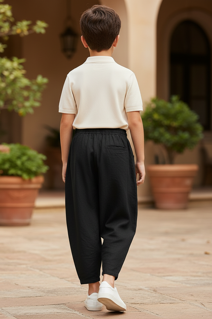 Pantalon En Lin Noir Ample Décontracté Cordon Junior - vue 2