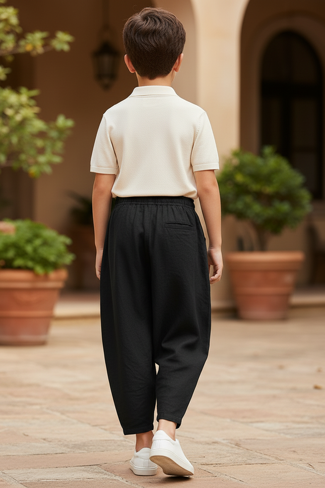 Pantalon En Lin Noir Ample Décontracté Cordon Junior - vue 2