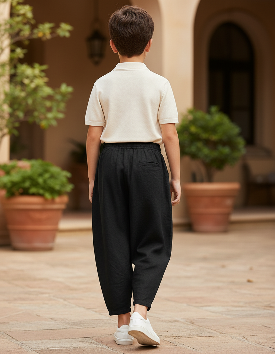 Pantalon En Lin Noir Ample Décontracté Cordon Junior - vue 2