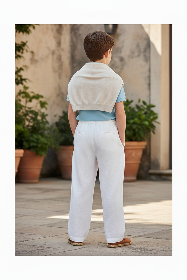 Pantalon En Lin Blanc Ample Enfant Cordon Décontracté - vue 2