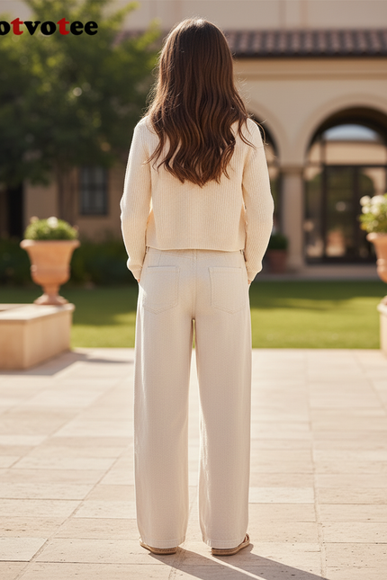 Pantalon En Lin Beige Ample Taille Haute Fille Décontracté - vue 2