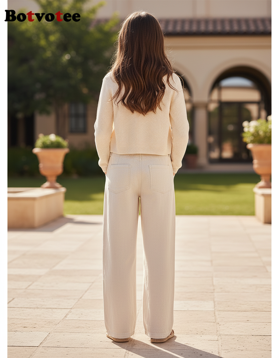 Pantalon En Lin Beige Ample Taille Haute Fille Décontracté - vue 2