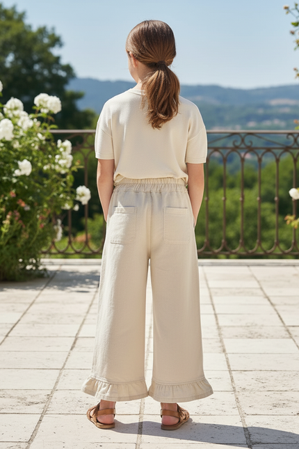Pantalon En Lin Écru Volants Brodés Fille Ample - Beige - vue 2