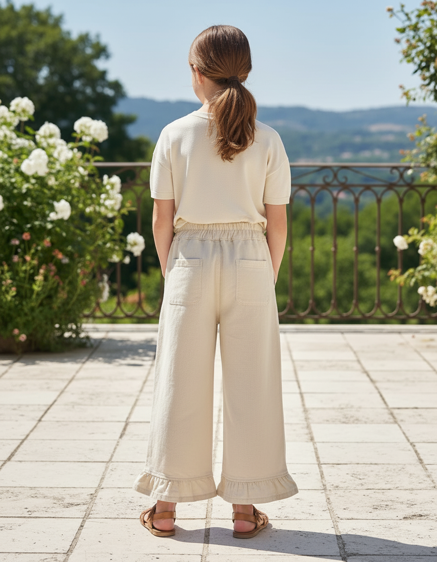 Pantalon En Lin Écru Volants Brodés Fille Ample - Beige - vue 2