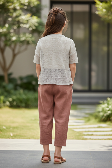 Pantalon En Lin Marron Ample Taille Élastique Fille - vue 2