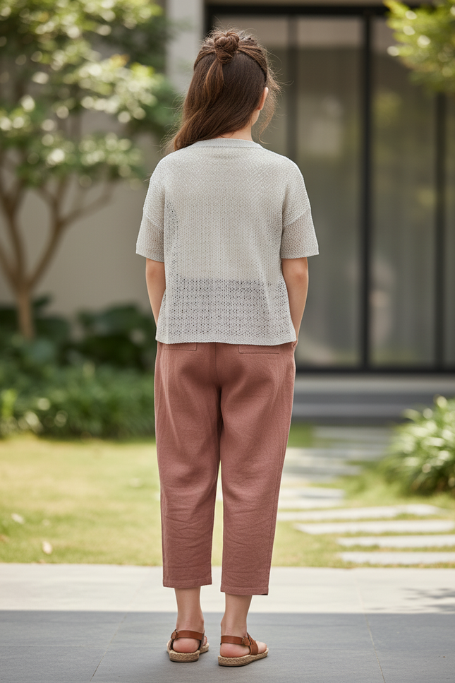 Pantalon En Lin Marron Ample Taille Élastique Fille - vue 2