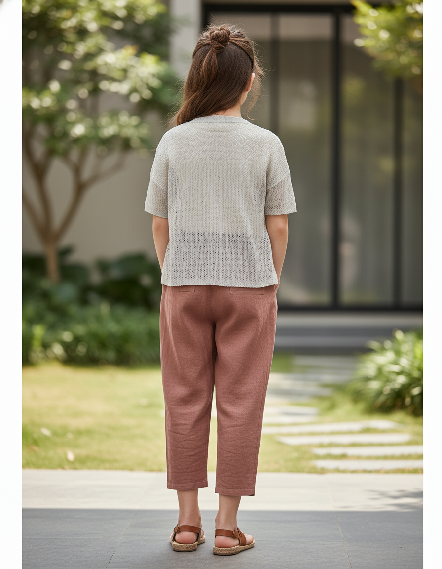 Pantalon En Lin Marron Ample Taille Élastique Fille - vue 2
