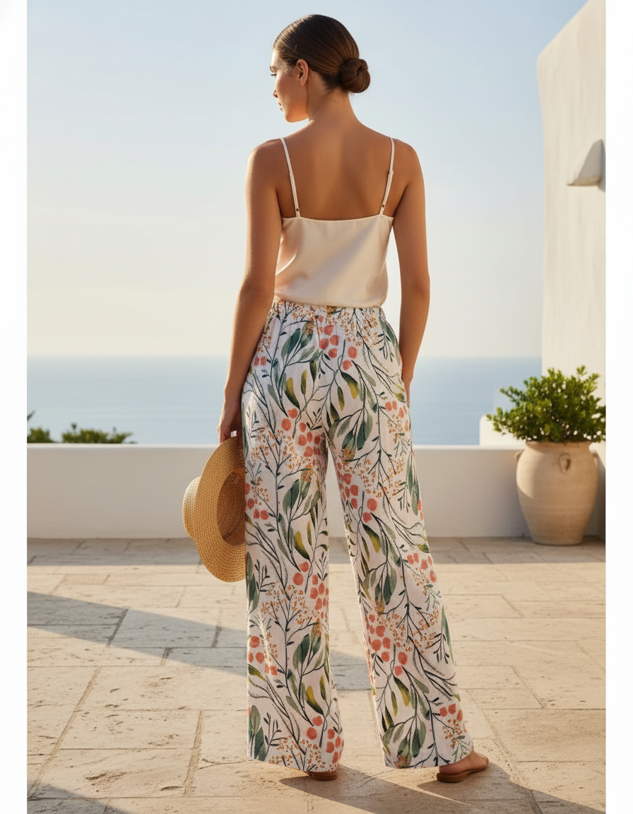 Pantalon En Lin Fluide Imprimé Floral Estival Femme - vue 2