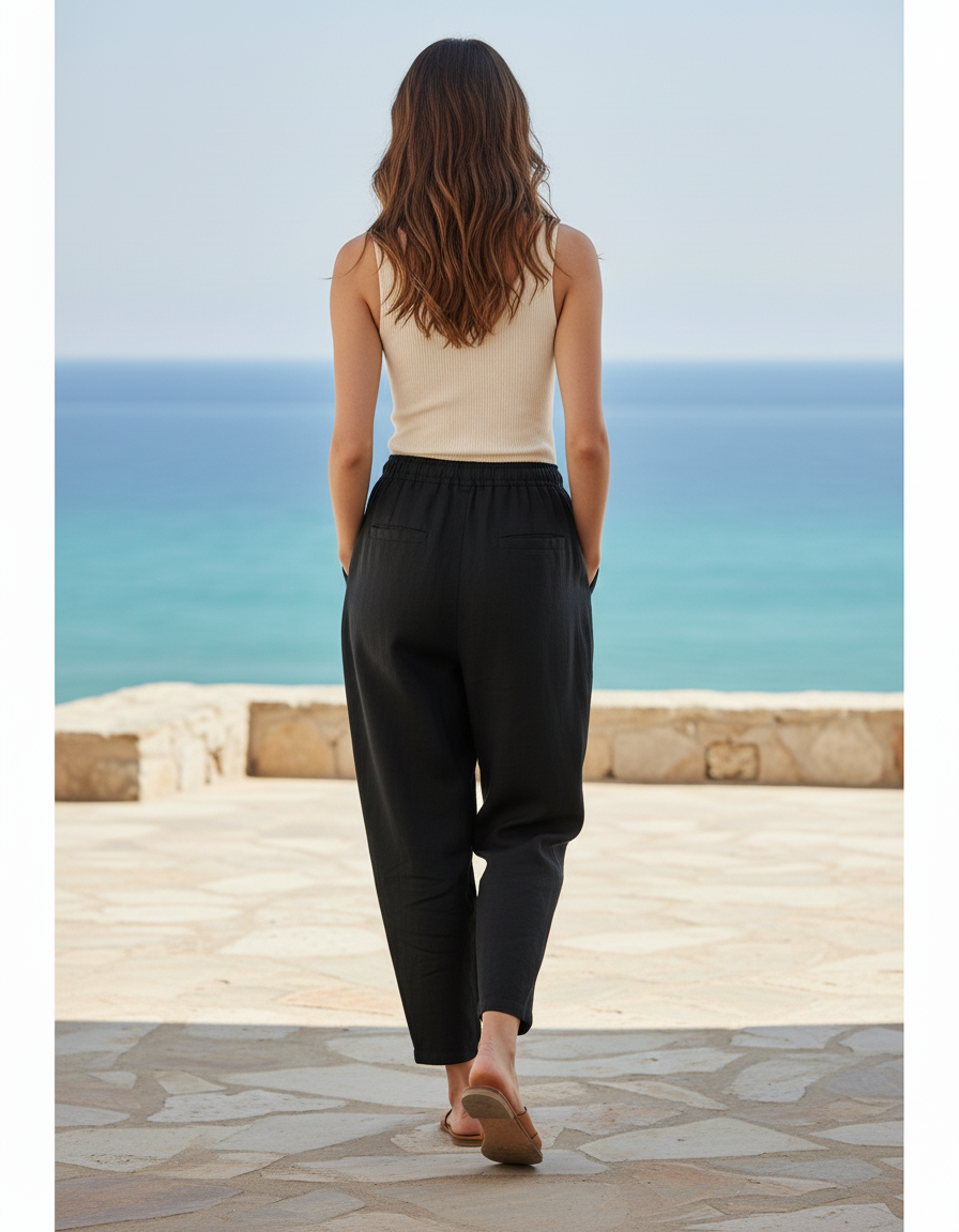 Pantalon Noir Femme Lin - vue 2