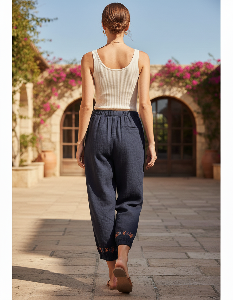 Pantalon En Lin Sarouel Bleu Brodé Décontracté - Marine - vue 2