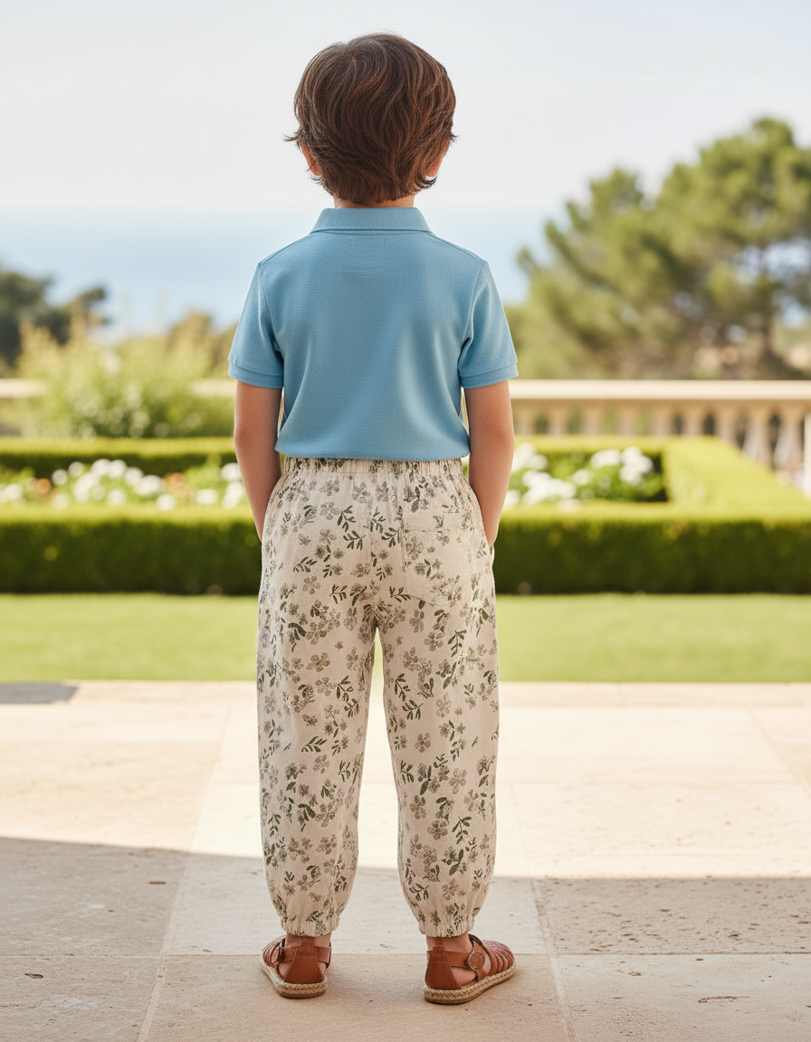 Pantalon En Lin Écru Imprimé Floral Ample Enfant - Beige - vue 2
