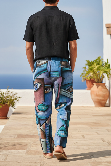 Pantalon En Lin Imprimé Visages Abstraits Ample Décontracté Homme - vue 2