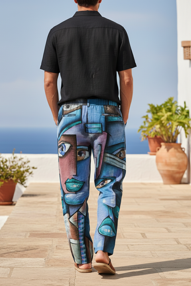 Pantalon En Lin Imprimé Visages Abstraits Ample Décontracté Homme - vue 2