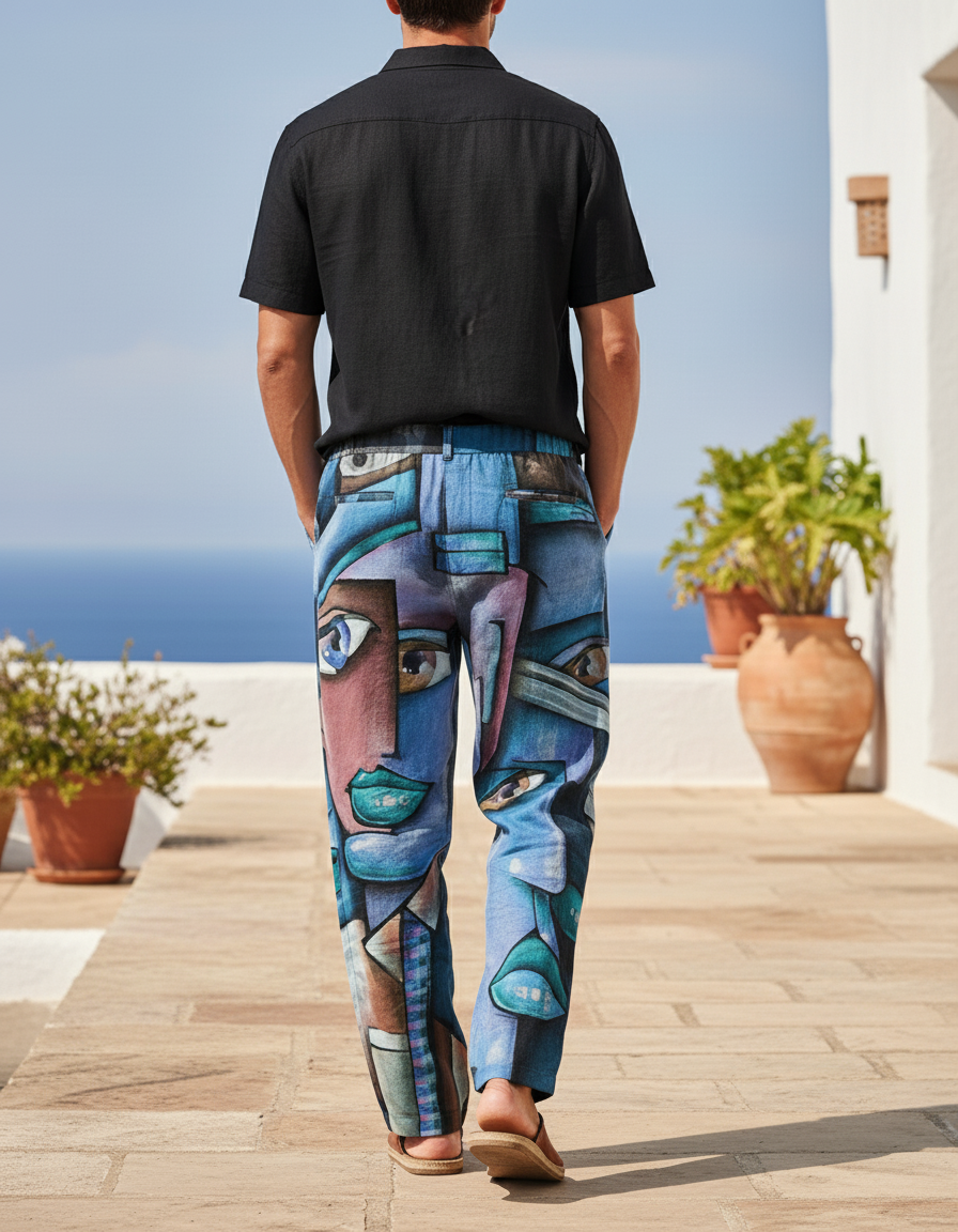 Pantalon En Lin Imprimé Visages Abstraits Ample Décontracté Homme - vue 2