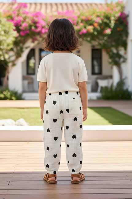 Pantalon En Lin Crème Cœurs Noirs Ample Enfant - Beige - vue 2