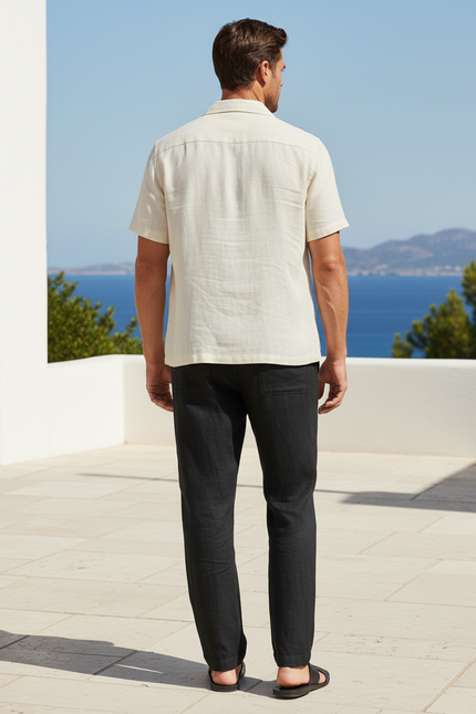 Pantalon En Lin Noir Ample Homme Décontracté Cordon - vue 2