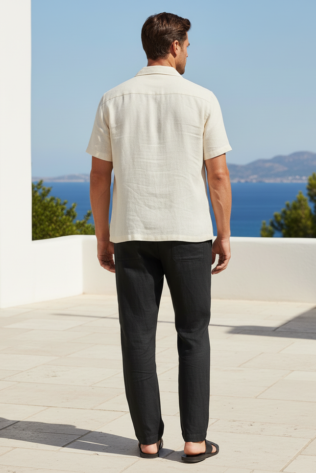 Pantalon En Lin Noir Ample Homme Décontracté Cordon - vue 2