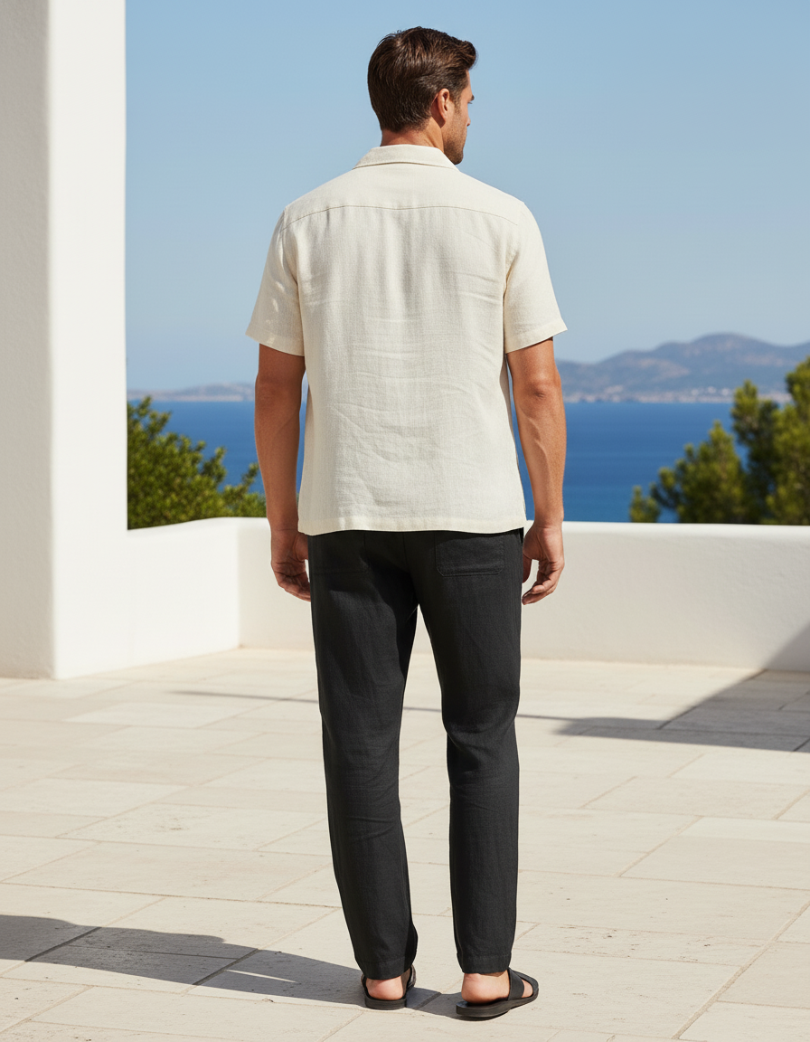 Pantalon En Lin Noir Ample Homme Décontracté Cordon - vue 2