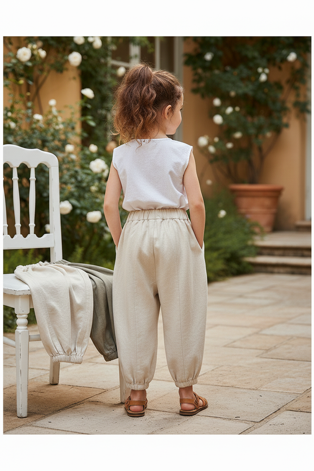 Pantalon En Lin Ample Écru Harem Enfant Décontracté - Beige - vue 2