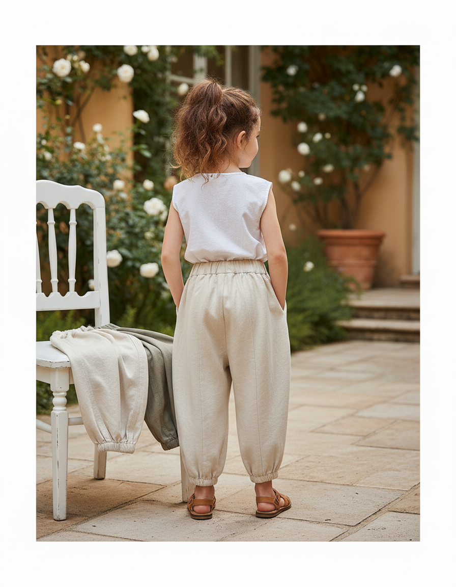 Pantalon En Lin Ample Écru Harem Enfant Décontracté - Beige - vue 2
