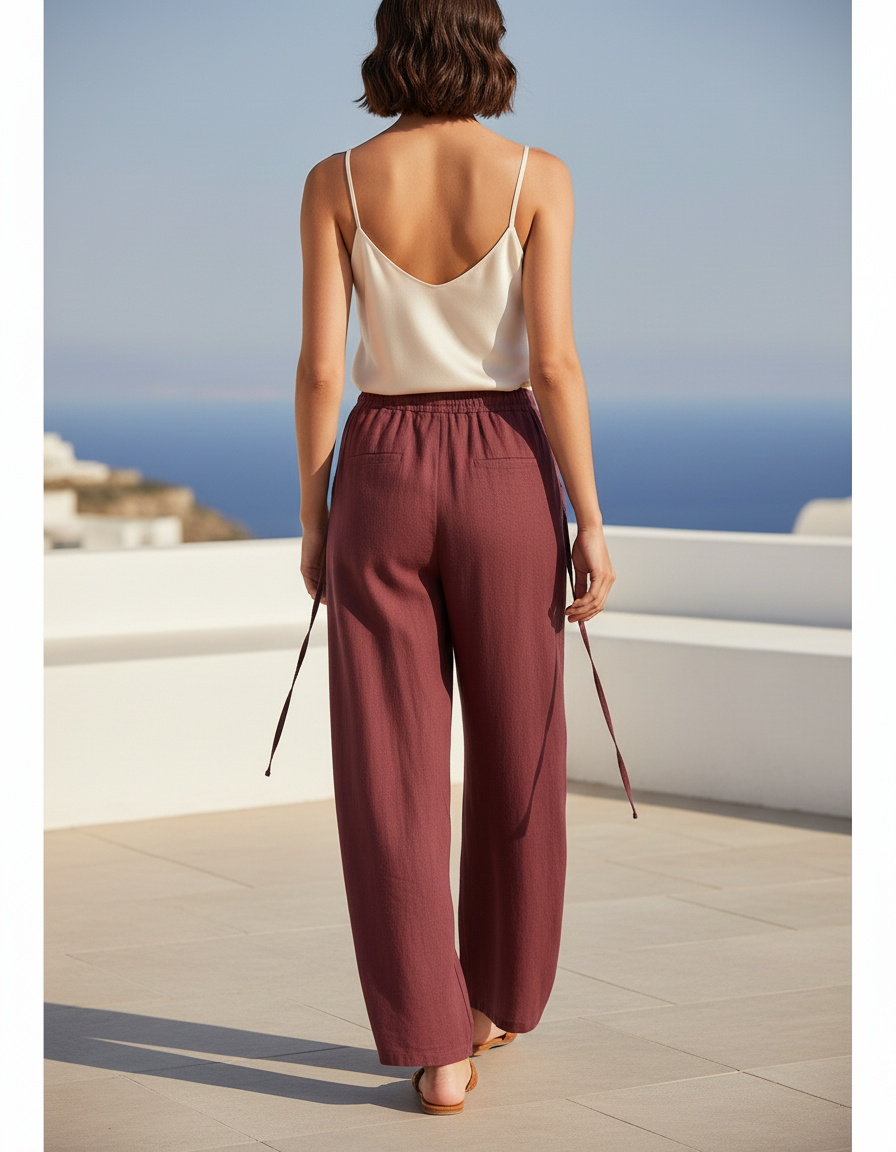 Pantalon En Lin Rouge Brique Ample Fluide Décontracté - Bordeaux - vue 2