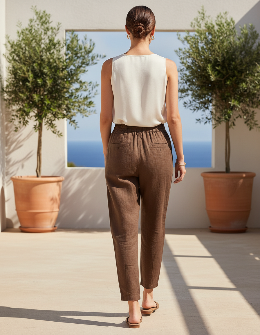 Pantalon En Lin Marron Ample Taille Élastique Femme - vue 2