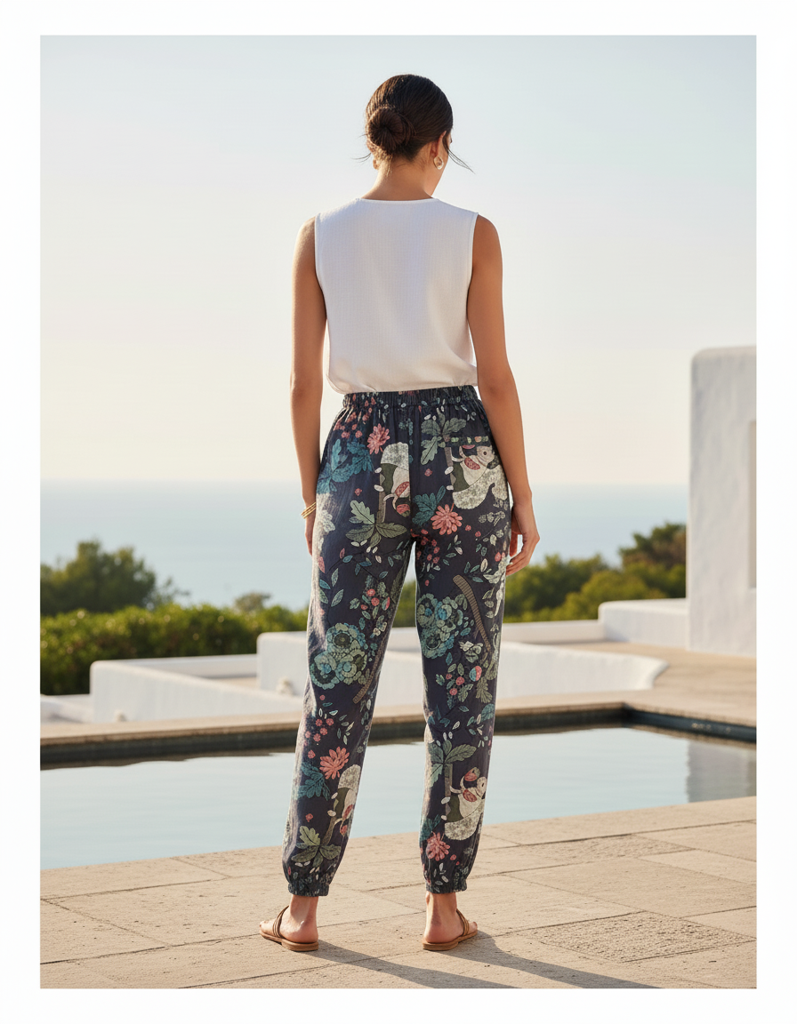 Pantalon En Lin Imprimé Floral Ample Fluide Estival - Multicolore - vue 2