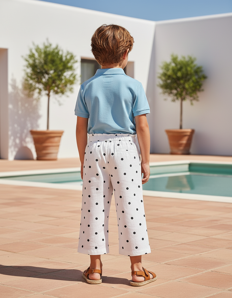 Pantalon En Lin Enfant Blanc À Pois Ample Décontracté - vue 2