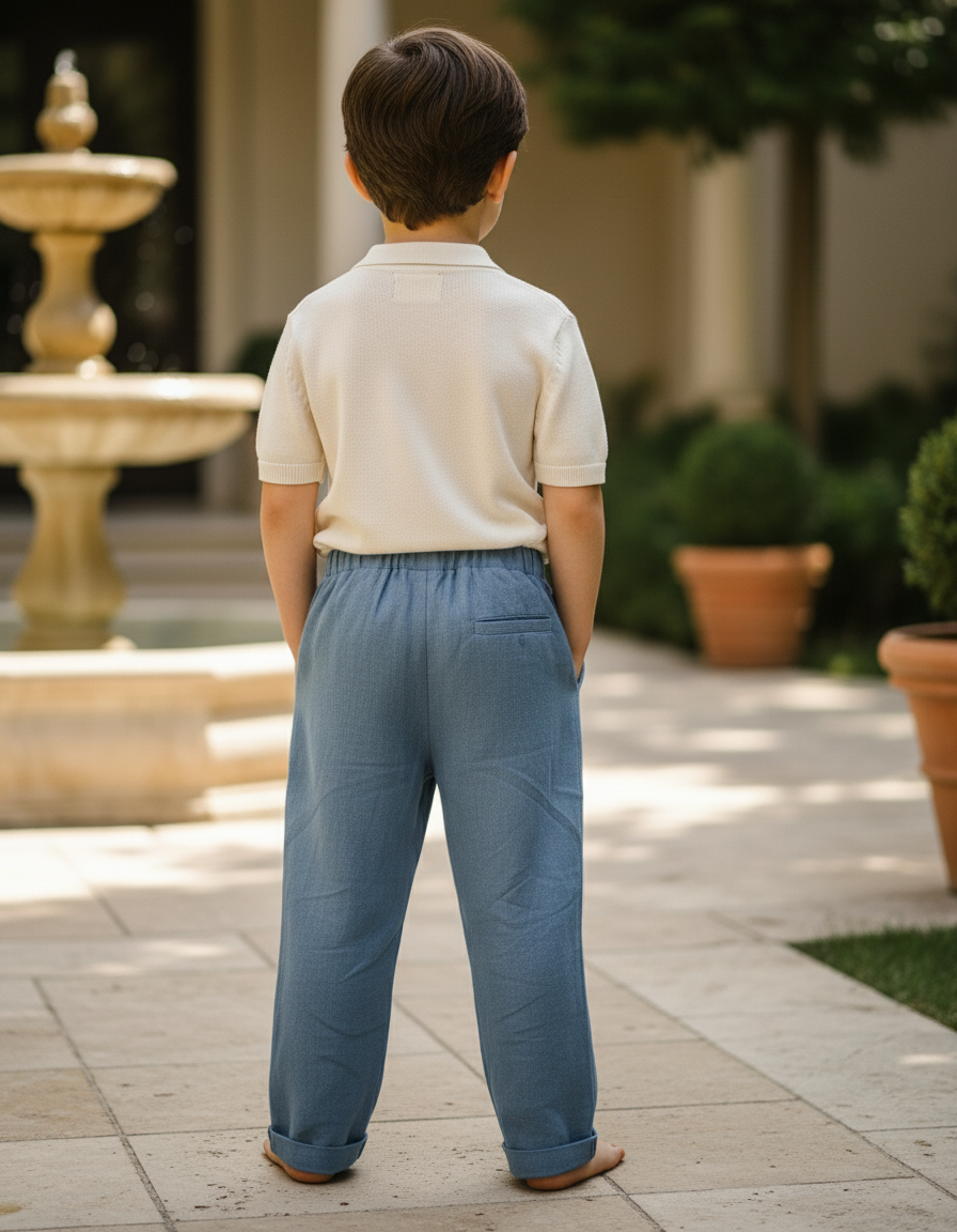 Pantalon En Lin Bleu Droit Ample Élastique Enfant - vue 2