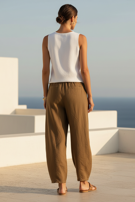 Pantalon En Lin Marron - Kaki - vue 2