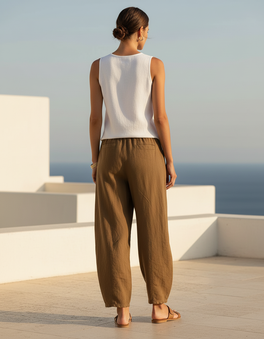 Pantalon En Lin Marron - Kaki - vue 2