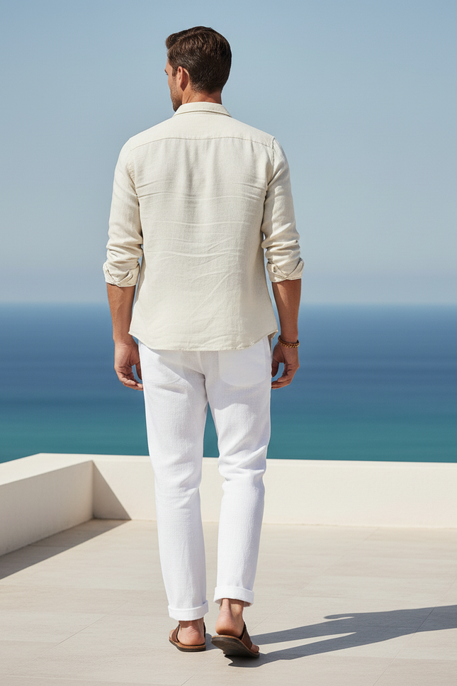 Pantalon En Lin Blanc Décontracté Cordon Homme Léger - vue 2