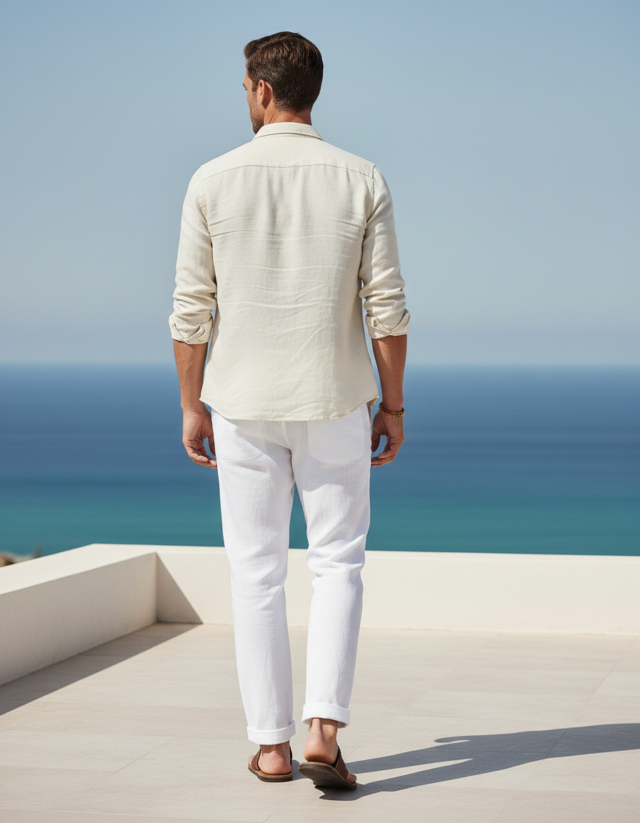 Pantalon En Lin Blanc Décontracté Cordon Homme Léger - vue 2