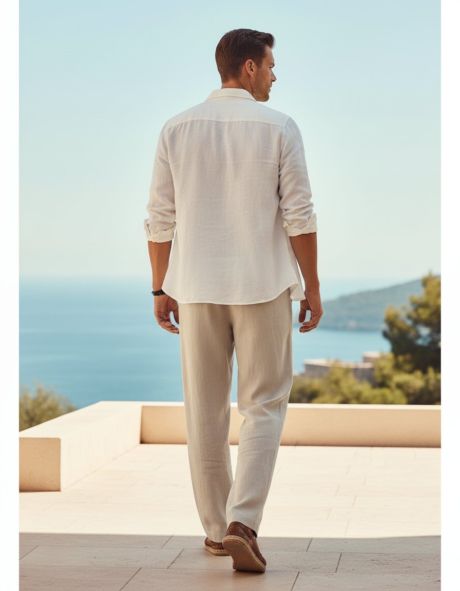 Pantalon En Lin Beige Ample Droit Homme Élégant - vue 2