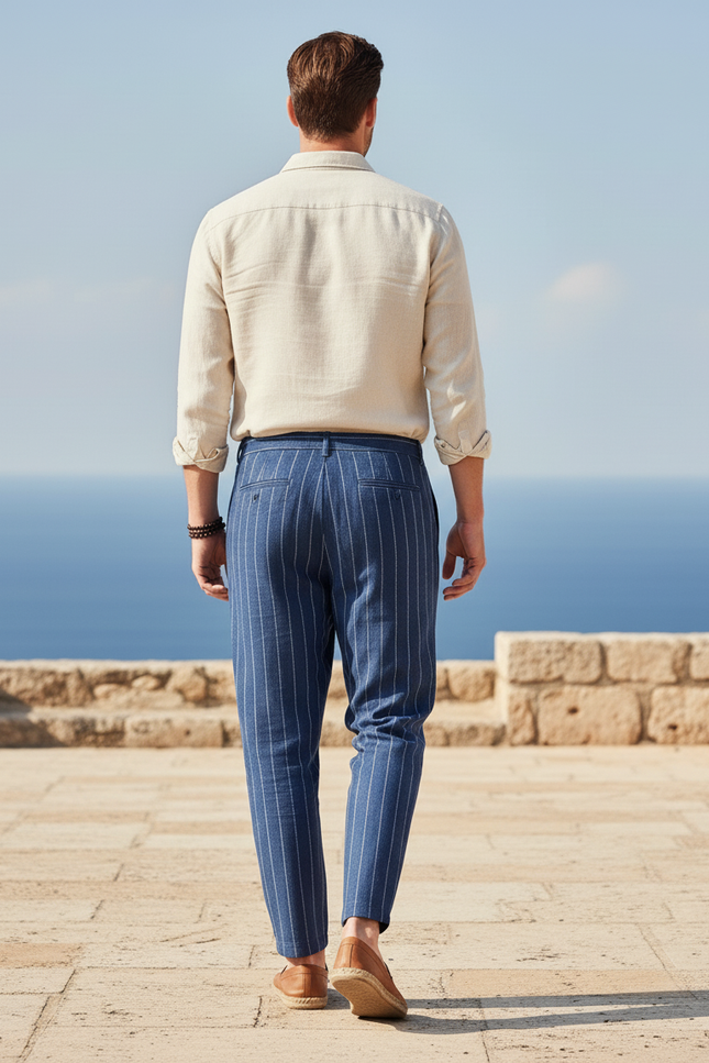 Pantalon En Lin Bleu Rayé Cordon Décontracté Homme - vue 2