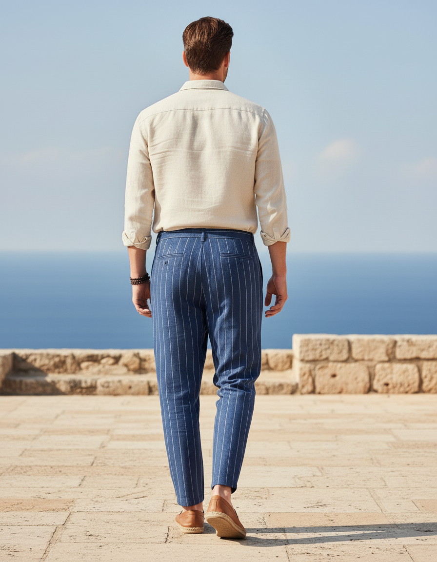 Pantalon En Lin Bleu Rayé Cordon Décontracté Homme - vue 2