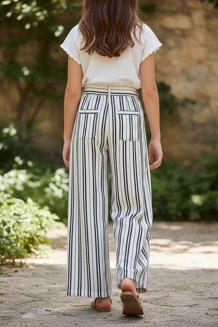 Pantalon En Lin Rayé Noir Blanc Ample Fendu - Imprimé - vue 2
