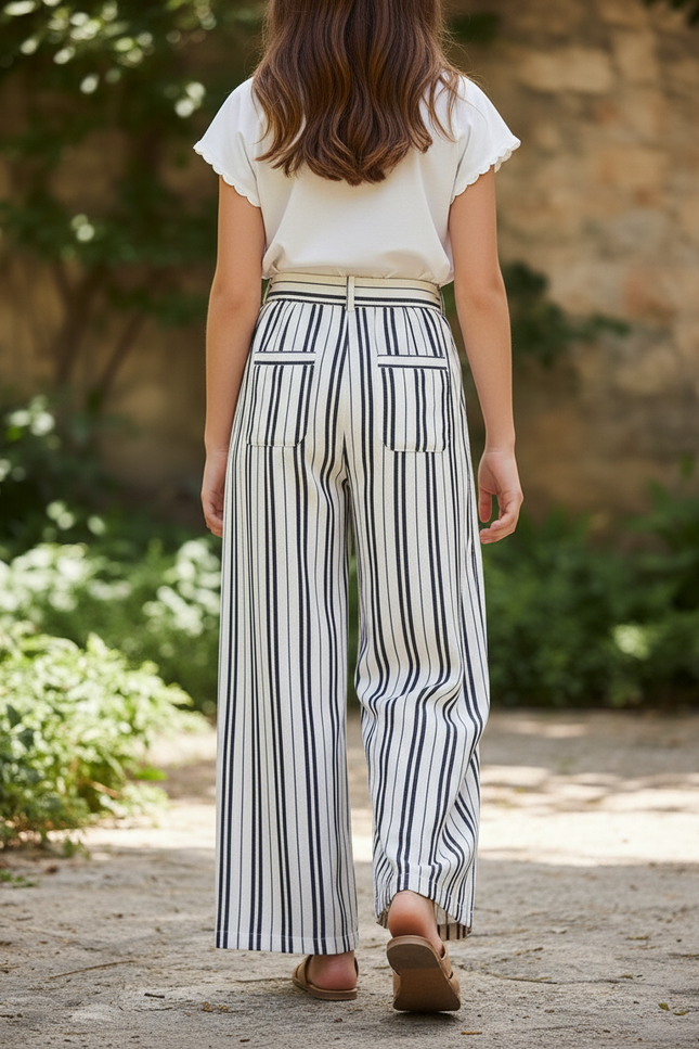 Pantalon En Lin Rayé Noir Blanc Ample Fendu - Imprimé - vue 2