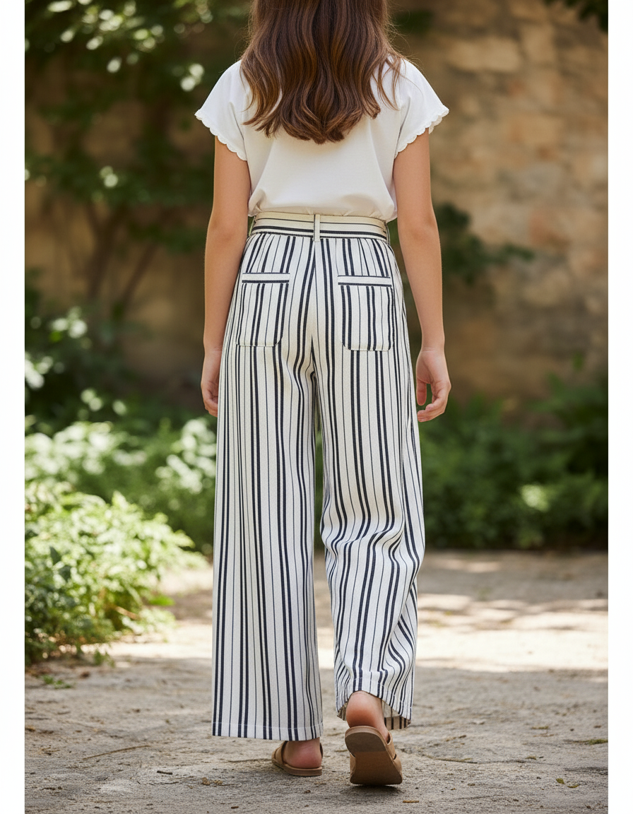 Pantalon En Lin Rayé Noir Blanc Ample Fendu - Imprimé - vue 2