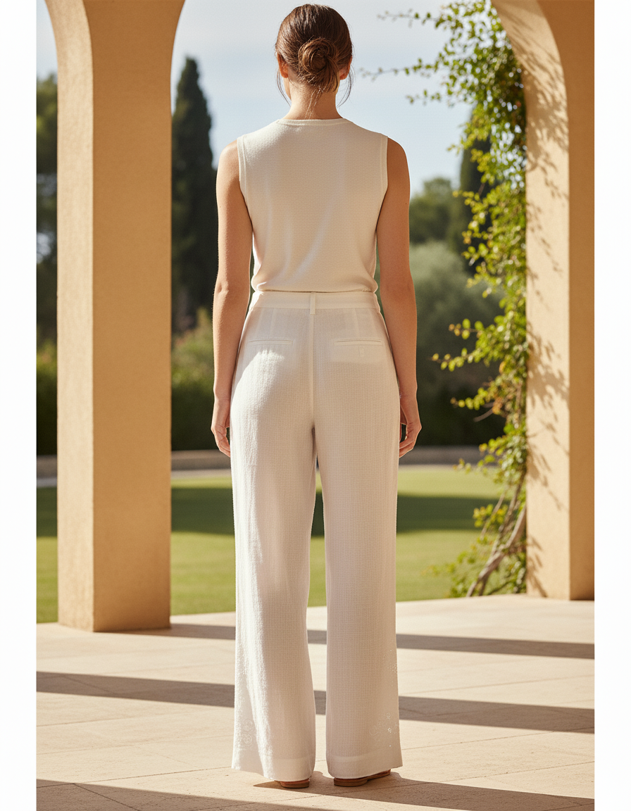 Pantalon En Lin Blanc Brodé Ample Élégant Femme - vue 2