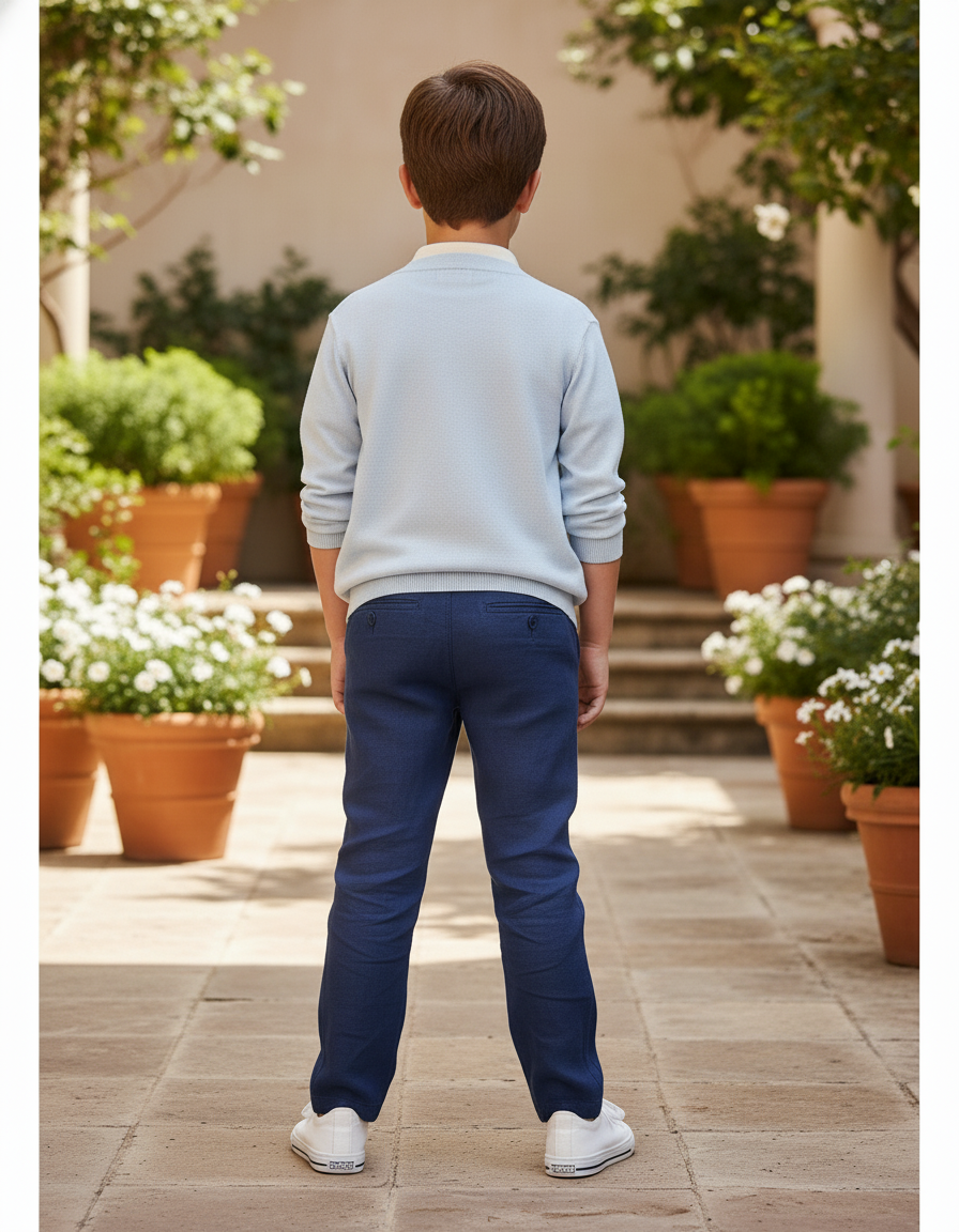 Pantalon En Lin Bleu Marine Décontracté Cordon Garçon - vue 2