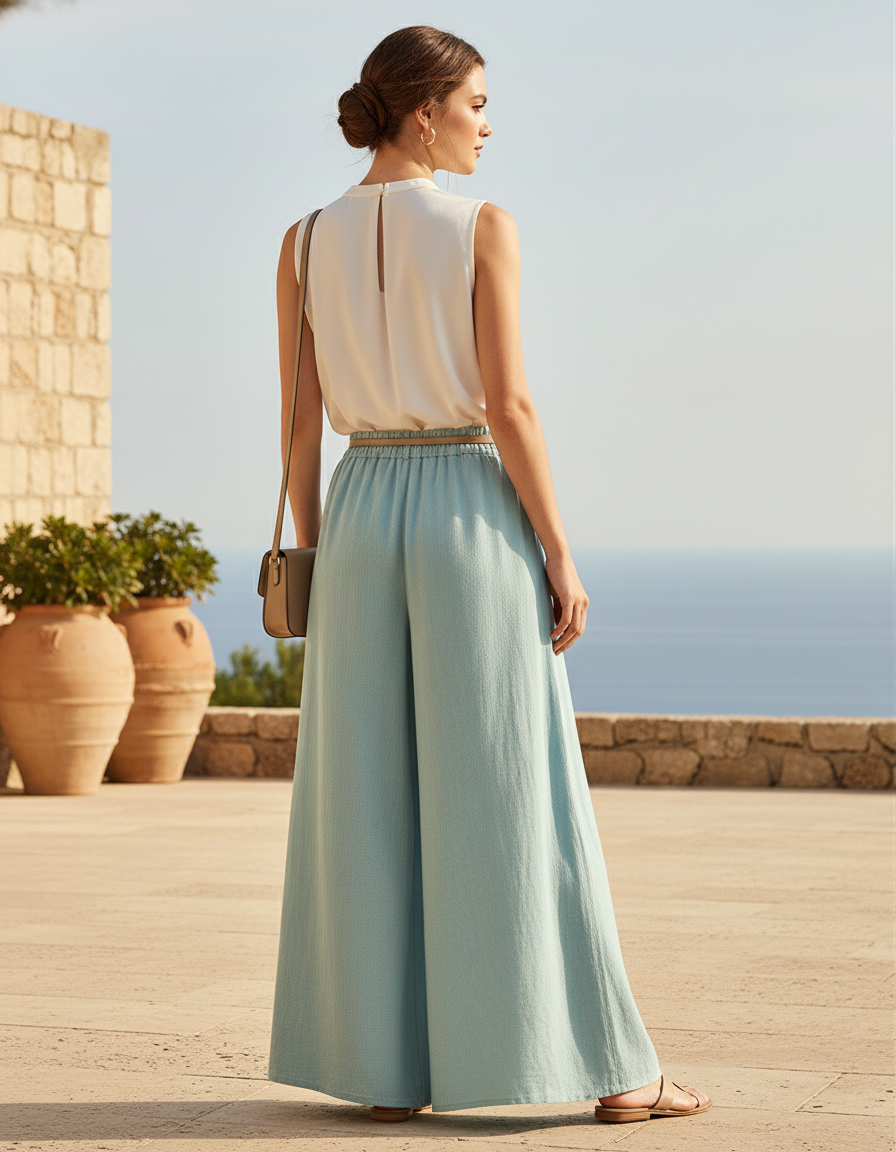 Pantalon En Lin Ample Bleu Ciel Fluide Élégant Femme - vue 2