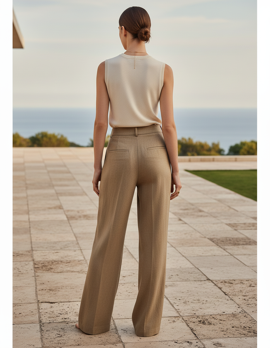 Pantalon En Lin Marron Ample Taille Haute Fluide - vue 2