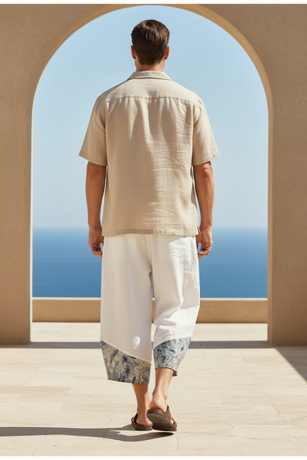 Pantalon En Lin Harem Blanc Patchwork Décontracté Homme - vue 2