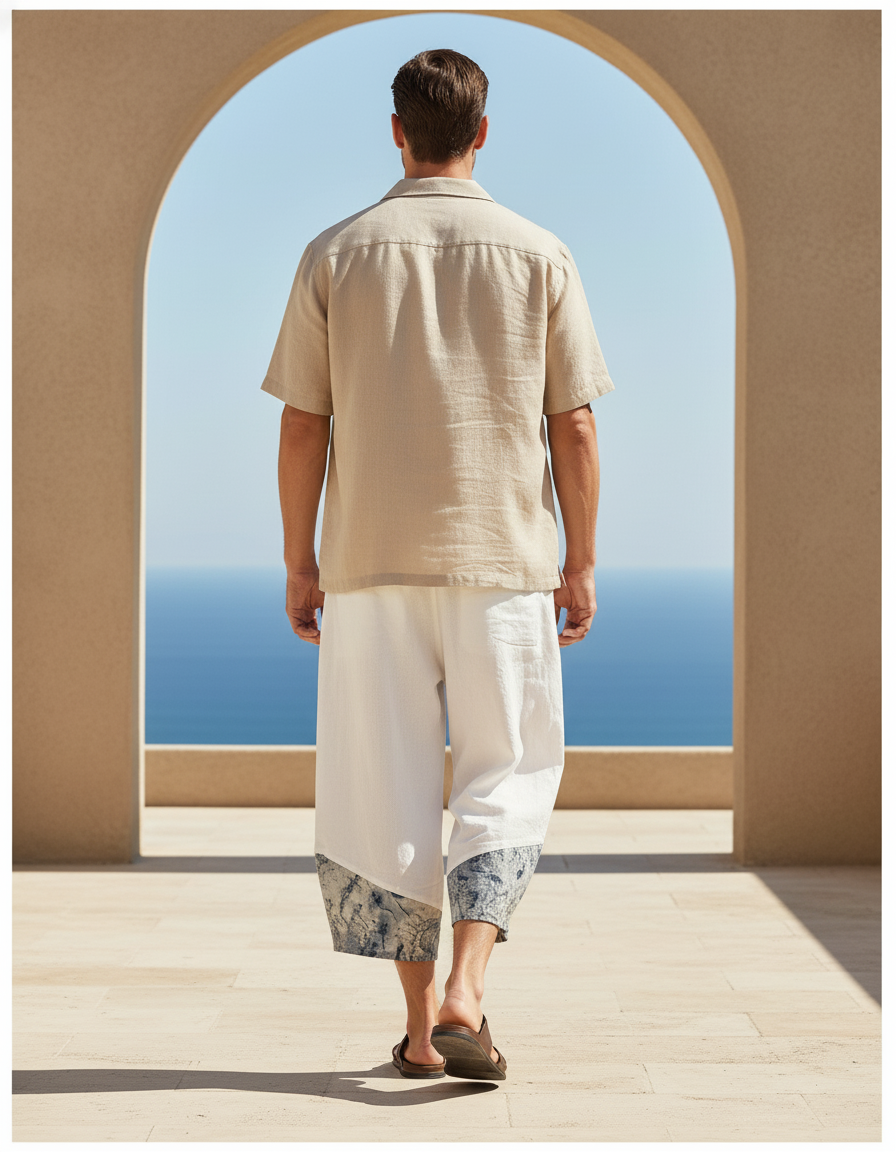 Pantalon En Lin Harem Blanc Patchwork Décontracté Homme - vue 2
