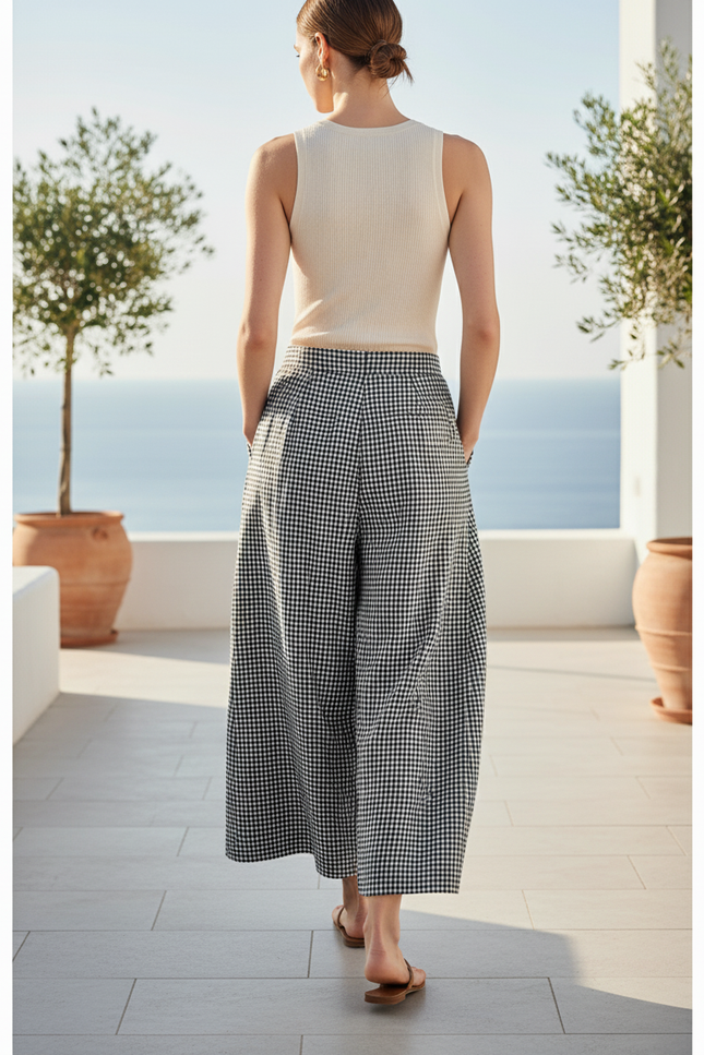 Pantalon En Lin Carreaux Ample Plissé Femme - Imprimé - vue 2